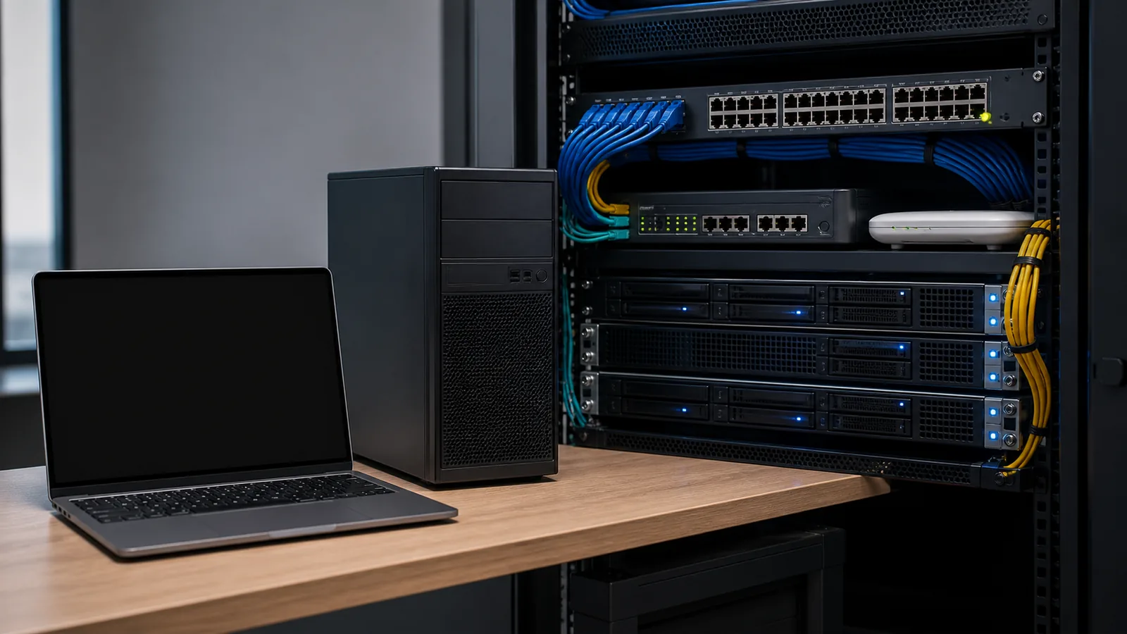Laptop, desktop, server rack, switch și router organizate pentru inventarul echipamentelor IT ale unei firme