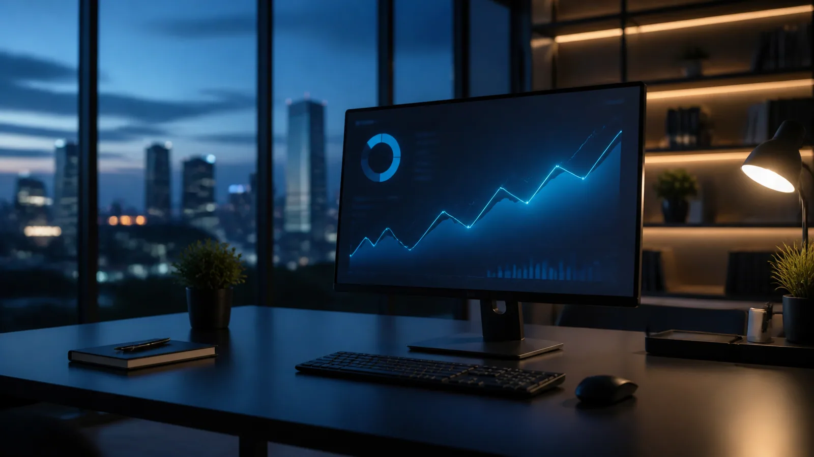 Monitor cu indicatori SEO abstracti într-un birou modern, fără text