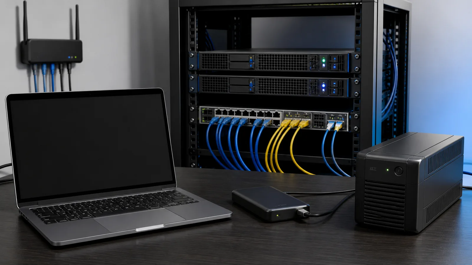 Laptop conectat la servere, switch de rețea, router, unitate de backup și UPS pentru continuitatea digitală a unei firme