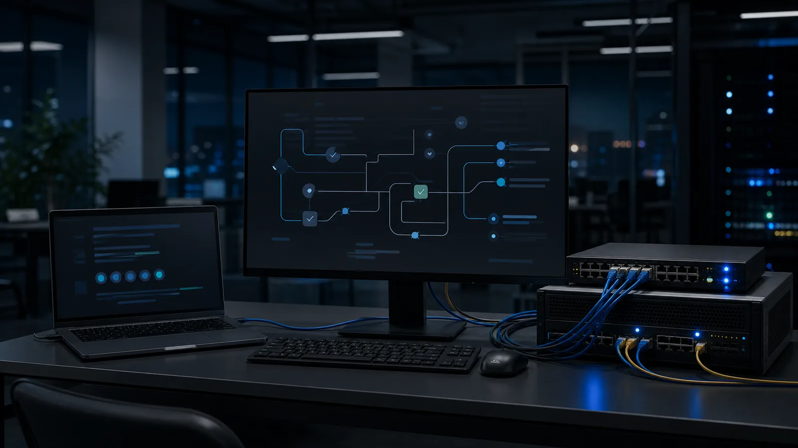 Stație de lucru conectată la servere și echipamente de rețea pentru gestionarea unui proces comercial B2B