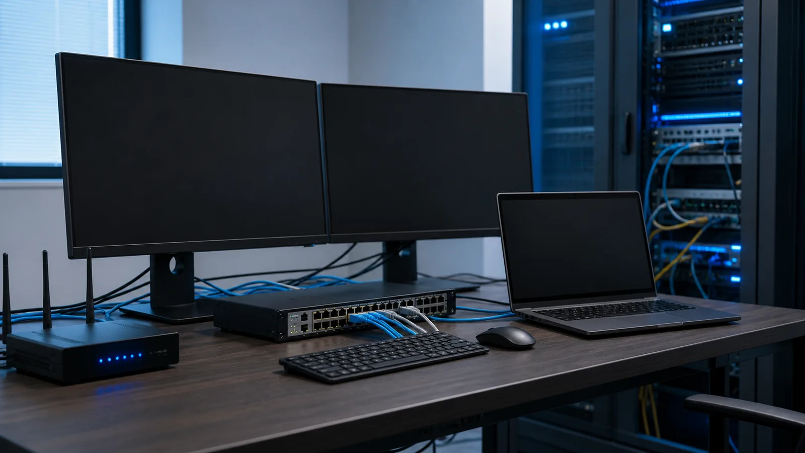 Stație de lucru cu două monitoare, laptop, router, switch de rețea și rack de servere pentru operațiuni de marketing B2B