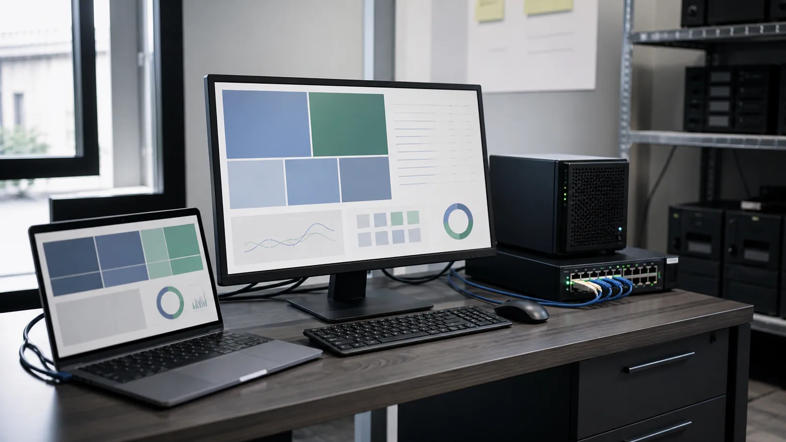 Laptop și monitor pentru analiza segmentelor B2B conectate la un server și la un switch de rețea