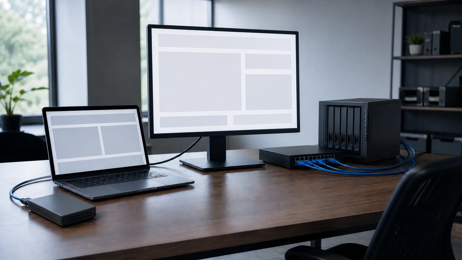 Laptop și monitor conectate la un server și un switch pentru verificarea dovezilor unui proiect digital