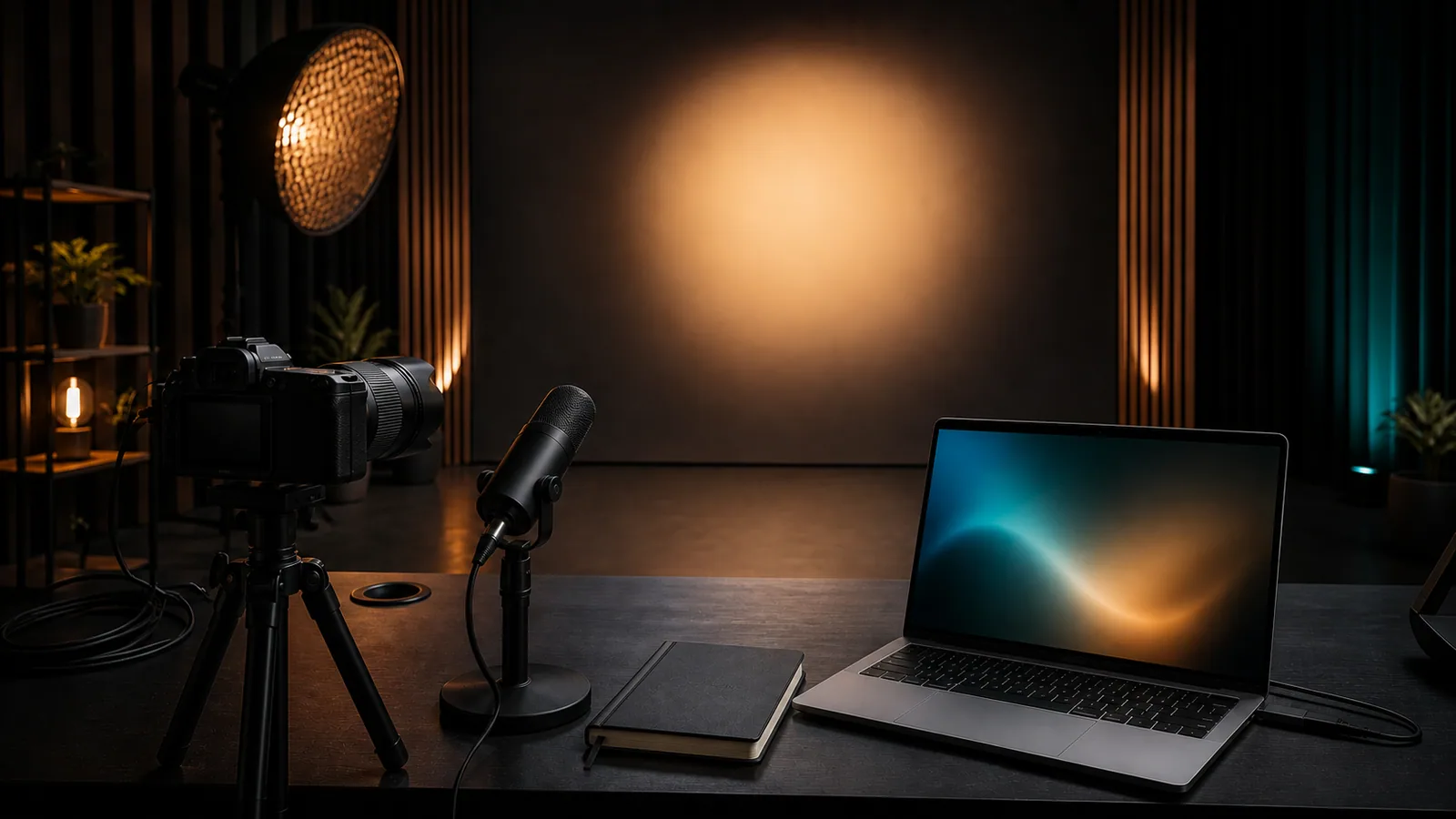 Studio pregătit pentru un webinar B2B, cu cameră, microfon și laptop fără marcaje