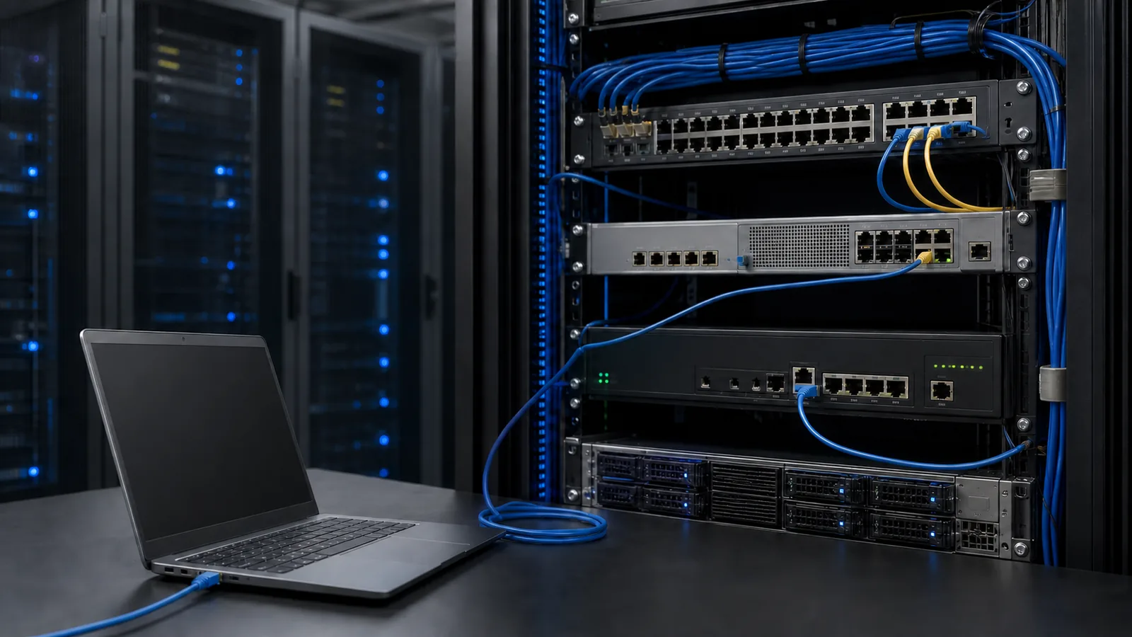 Laptop cu ecran închis conectat la un rack cu servere, switch și cabluri de rețea pentru acces tehnic controlat