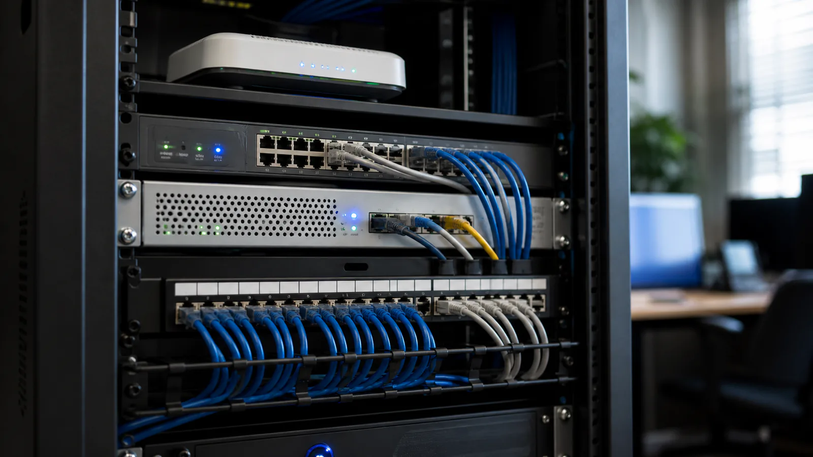 Rack de rețea cu router, switch și cabluri Ethernet într-un birou mic