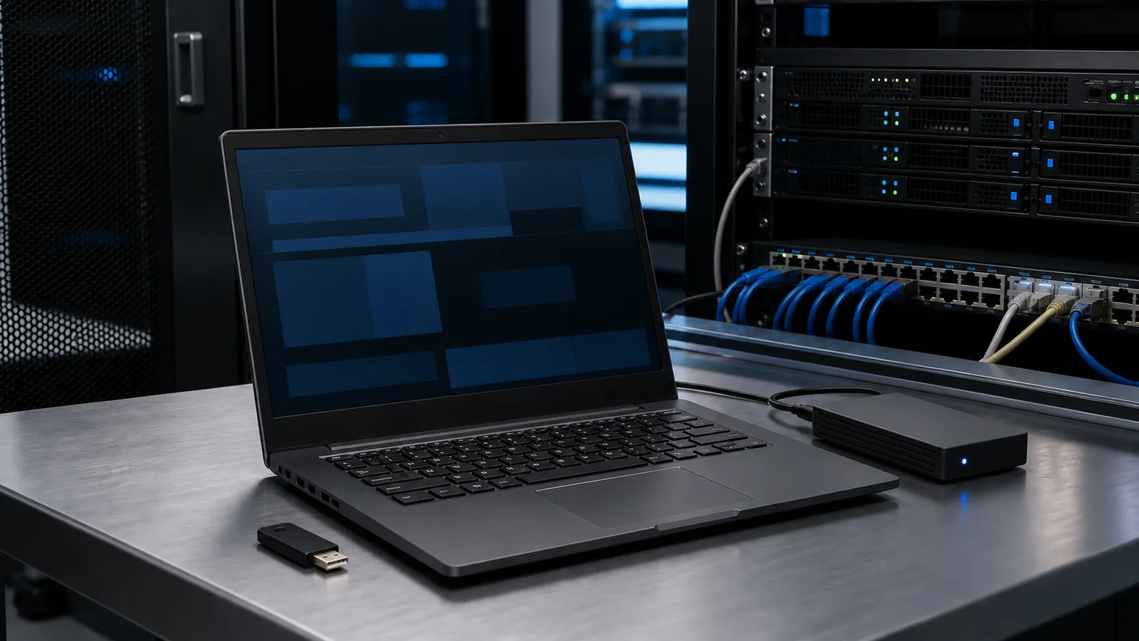 Laptop de serviciu lângă un server, un switch de rețea și o cheie hardware de securitate