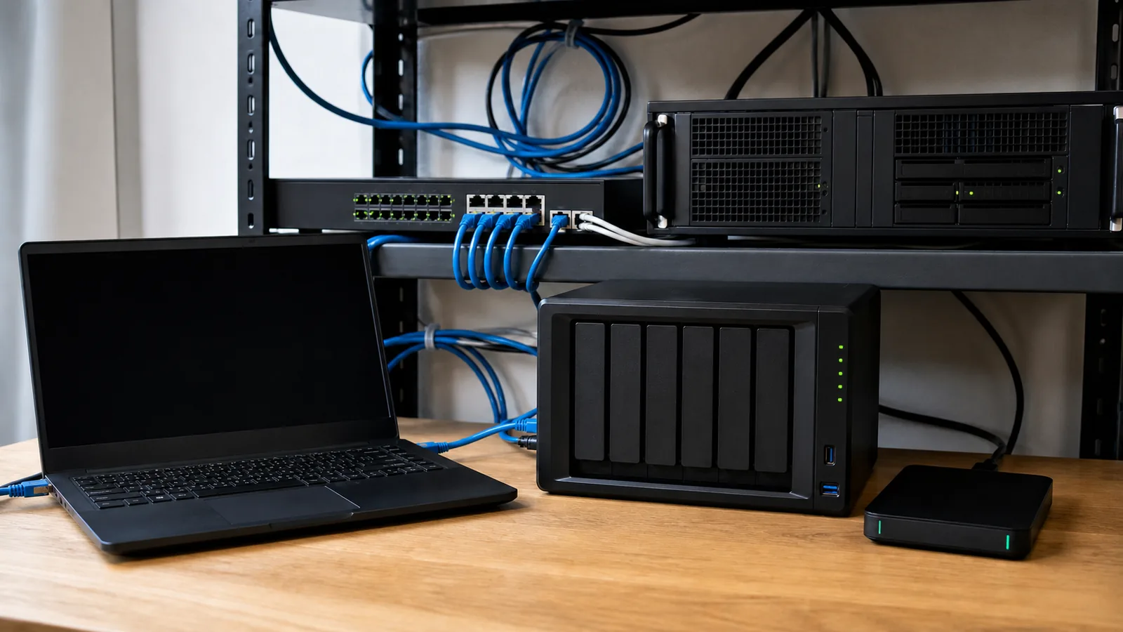 Laptop, server de fișiere, unitate NAS și switch de rețea folosite pentru backupul documentelor unei firme