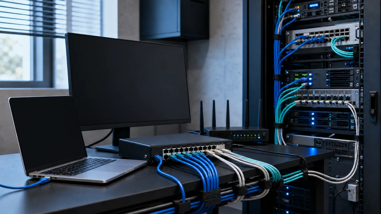 Laptop, monitor, switch de rețea și rack de servere conectate prin cabluri de date organizate