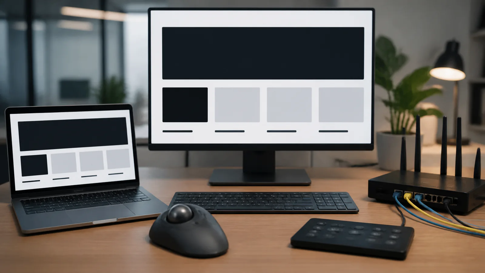 Stație de lucru cu laptop, monitor și echipamente de rețea folosite pentru testarea accesibilității unui site