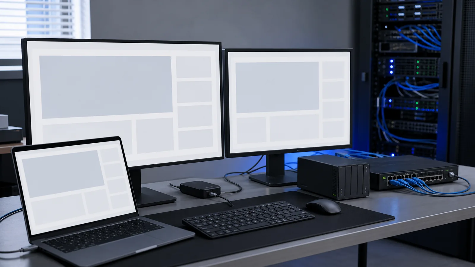 Laptop și monitoare pentru pregătirea unui site, conectate la un server NAS, switch de rețea și rack de servere