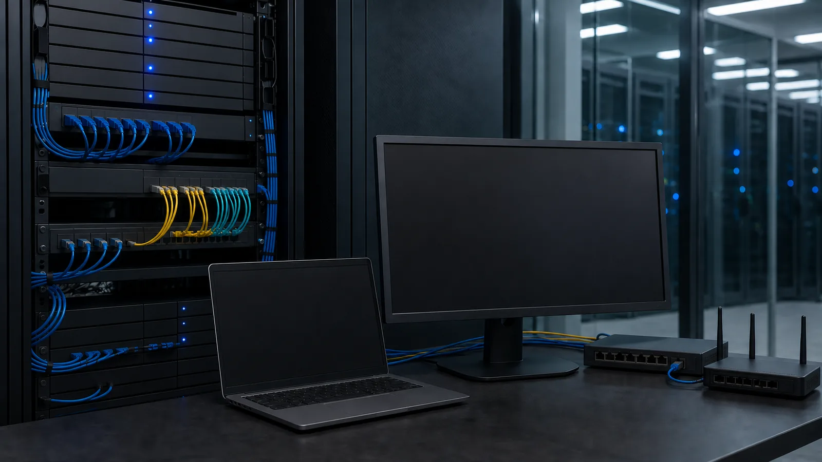 Laptop, monitor, switch-uri și rack de servere folosite pentru căutarea și filtrarea produselor într-un magazin online