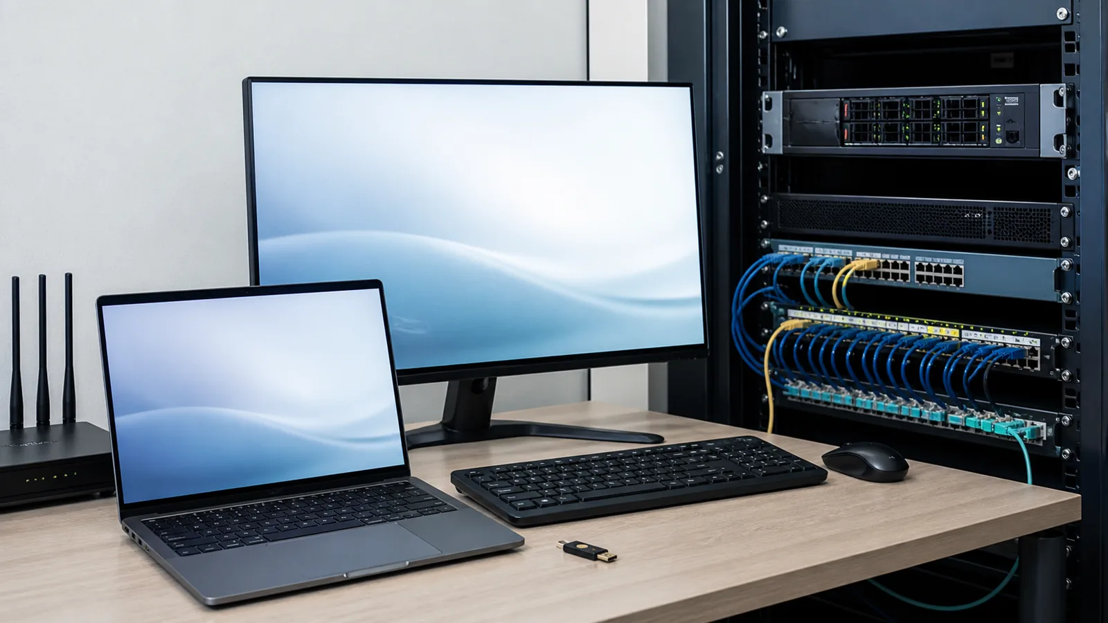 Laptop, monitor, router și rack de servere folosite pentru administrarea infrastructurii unui site de firmă