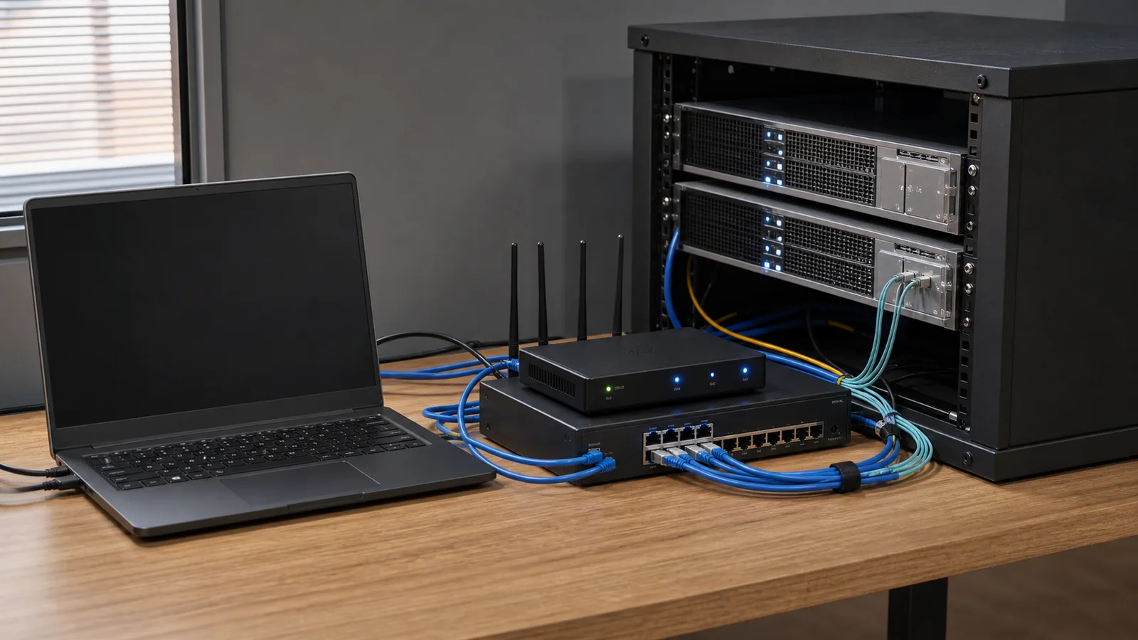 Laptop conectat prin router, switch și cabluri de date la două servere pentru integrarea unui magazin online