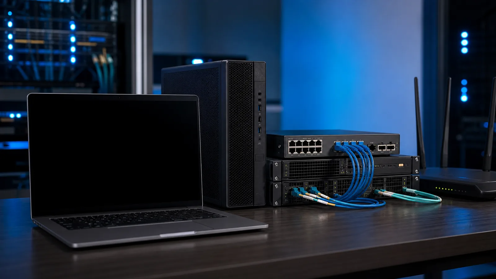 Laptop, stație de lucru, servere, switch și router folosite pentru planificarea infrastructurii unui site de firmă