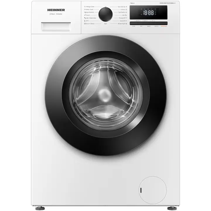 Masina de spalat rufe slim Heinner HWM-HME7012IVSMA+++, 7 kg, 1200 rpm, Clasa A, Motor inverter, 15 Programe, Display digital, Program allergy steam, Blocare acces copii, Alb