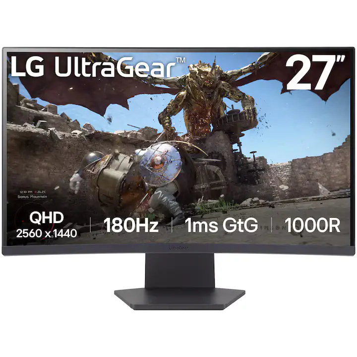 Monitor Gaming Curbat LG UltraGear™ 27GS60QC-B, 27", QHD (2560x1440), VA, 180Hz, 1ms (GTG), curbura 1000R, AMD FreeSync™, HDR10, VESA Adaptive Sync, Dynamic Action Sync, Black Stabilizer, Reader Mode, Anti-Flicker, 2xHDMI, DP, VESA 100x100, Negru