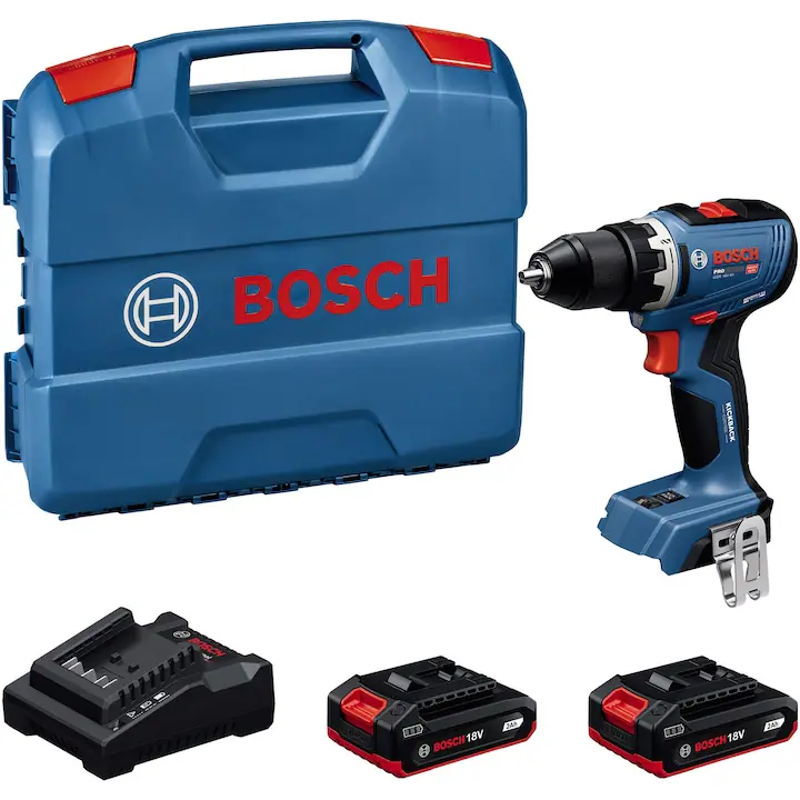 Masina de gaurit si insurubat (bormasina) pe acumulator Bosch Professional GSR 18V-65, 06019N3000, 18V, 63/31 Nm, 2100 RPM, mandrina metalica, Kickback control, motor fara perii/brushless, 2 acumulatori GBA 18V 2.0Ah, incarcator GAL 18V-20, L-Case