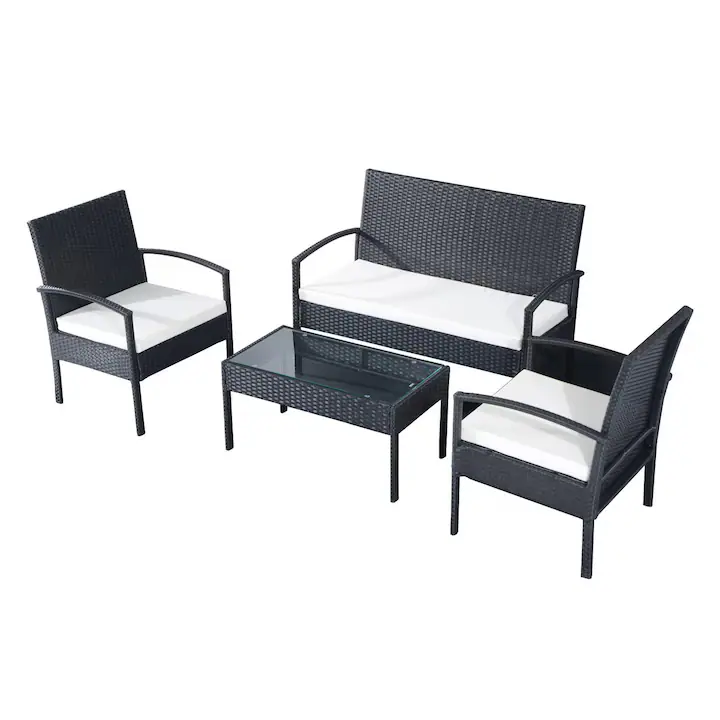 Set gradina, masa de cafea, 2 fotolii, canapea cu perne, Homcom, Ratan sintetic, Negru