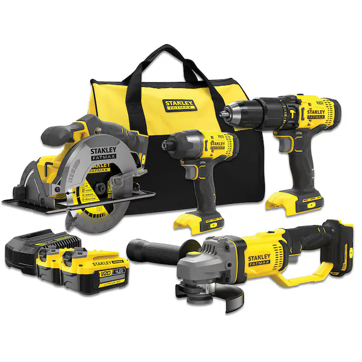Set 4 scule profesionale STANLEY FatMax SFMCK469M2, 18V V20, masina de gaurit cu percutie SFMCD711, masina de insurubat SFMCF800, polizor unghiular SFMCG400, fierastrau circular SFMCS500, 2x acumulator Li-Ion 4 Ah, geanta material textil