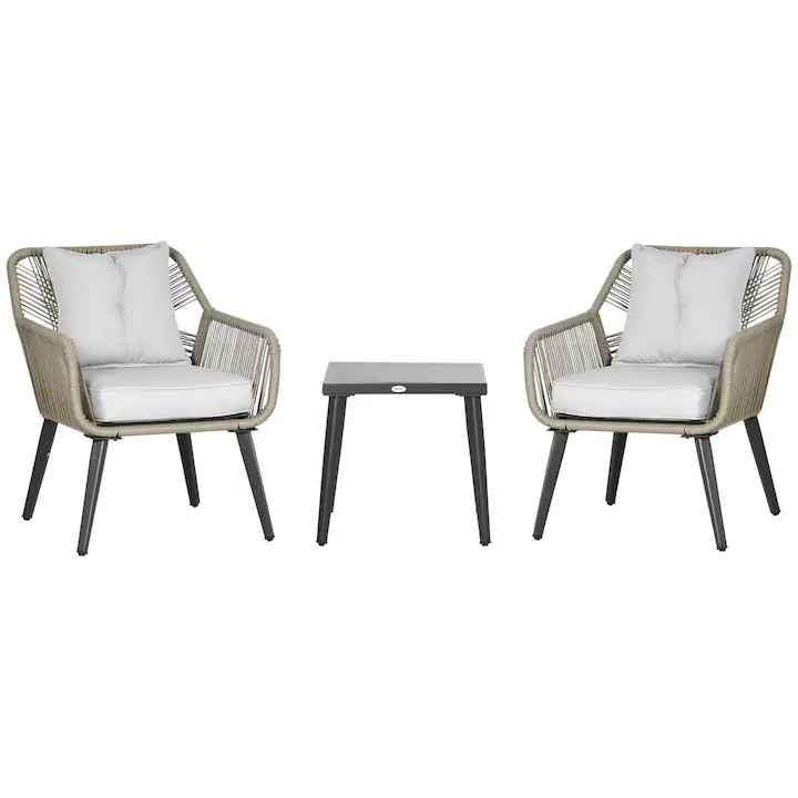 Set mobilier gradina, Outsunny, Otel/Ratan sintetic, 1 Masa, 2 Scaune, Gri/Maro