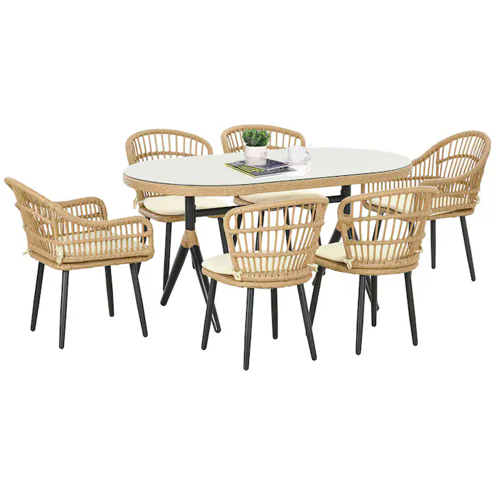 Set mobilier gradina, Outsunny, otel/poliester/ratan sintetic/sticla, 7 piese, masa si 6 scaune cu perne, bej/negru, dimensiuni masa 153x89x74cm, dimensiuni scaun 52x62x78cm
