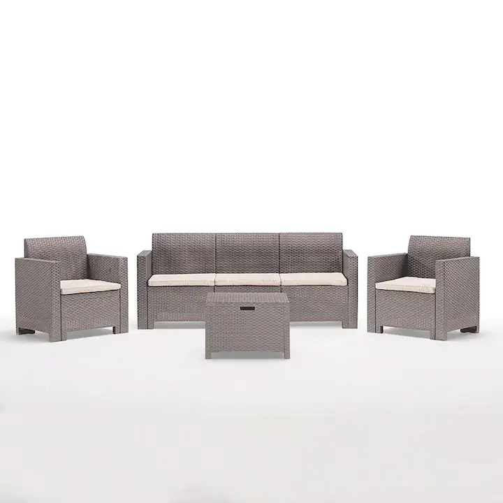 Set gradina/terasa masa 61, 5x61, 5x37 cm, canapea 188x57, 5x79 cm, si 2 scaune 75x57, 5x79 cm, SALINA 3, Rattatan, Bej, polipropilena, cu perne incluse, 5 locuri