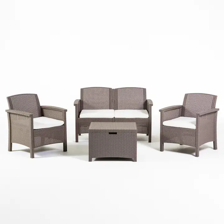 Set gradina / terasa masa multifunctionala 60x54x41 cm, canapea 117x64x75 cm, si 2 scaune 63, 5x64x75 cm, TROPEA, Rattatan, Bej, polipropilena, cu perne incluse, 4 locuri