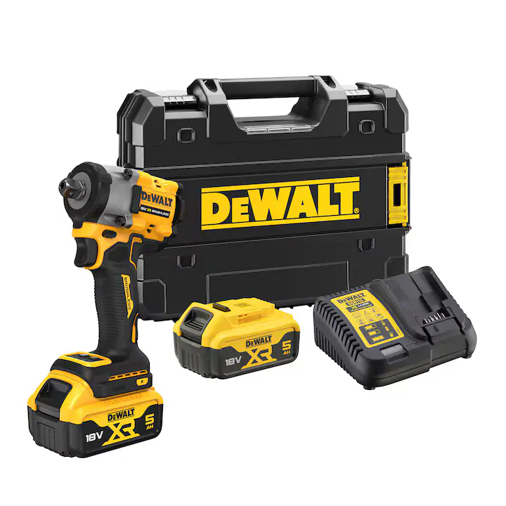 Masina compacta de insurubat cu impact (bormasina) pe acumulator DeWALT DCF922P2T, motor fara perii, 18V XR, cuplu maxim 406 Nm, cap de prindere de 1/2 inch, 2 acumulatori 5 Ah Li-Ion, lumina LED, agatatoare curea, cutie transport din plastic TSTAK
