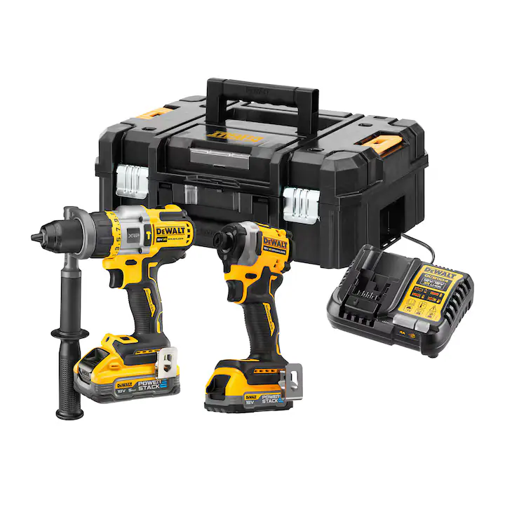 Set 2 scule profesionale pe acumulator DeWALT DCK2052H1E1T, 18V XR, motor fara perii, masina de gaurit cu percutie DCD999, masina de insurubat cu impact DCF850, 2x acumulator Li-Ion: 1.7 Ah + 5 Ah POWERSTACK, incarcator rapid, cutie transport TSTAK