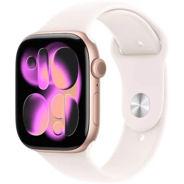 Apple Watch 11 GPS, Carcasa Rose Gold Aluminium 46mm, Light Blush Sport Band - S/M