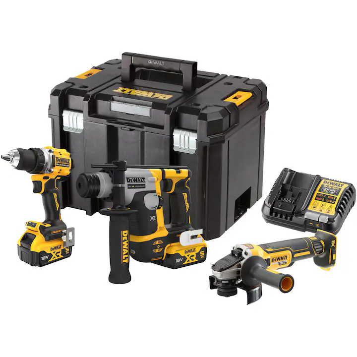 Set 3 scule cu acumulator Dewalt 18V, Masina de gaurit si insurubat DCD800 brushless, Ciocan rotopercutor DCH172, Polizor unghiular DCG405 125mm, 2 Acumulatori XR Li-Ion 18V de 5 Ah, Incarcator XR 10.8 – 18 V DCB115-QW si Cutie pentru transport