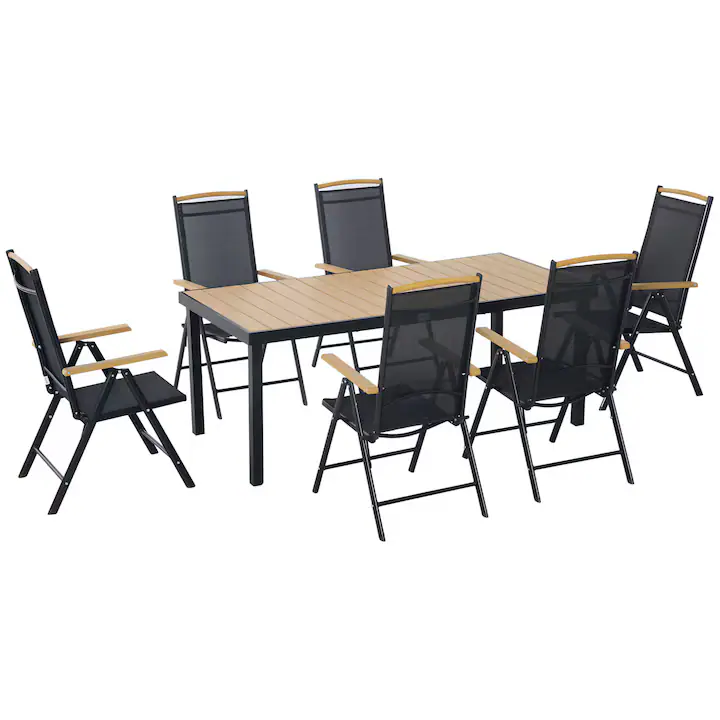 Set mobilier de gradina 7 piese, masa dreptunghiulara si 6 scaune pliabile textiline, color lemn si negru, dimensiuni masa 190x90x74cm, dimensiuni scaun 55.5x68x109cm