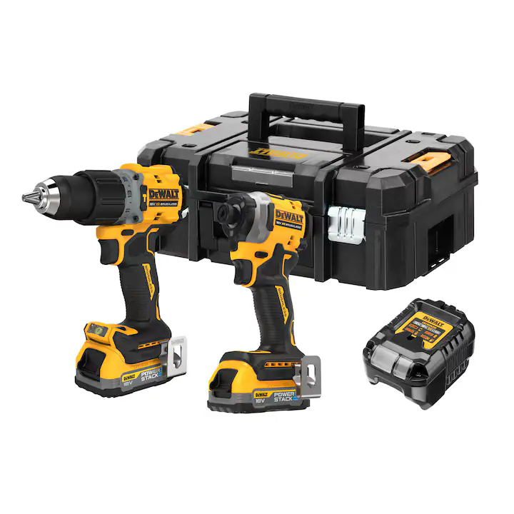 Set 2 scule profesionale pe acumulator DeWALT DCK2050E2T, 18V XR, motor fara perii, masina de gaurit cu percutie DCD805, masina de insurubat cu impact DCF850, 2x acumulator Li-Ion 1.7 Ah POWERSTACK, incarcator rapid, cutie transport TSTAK