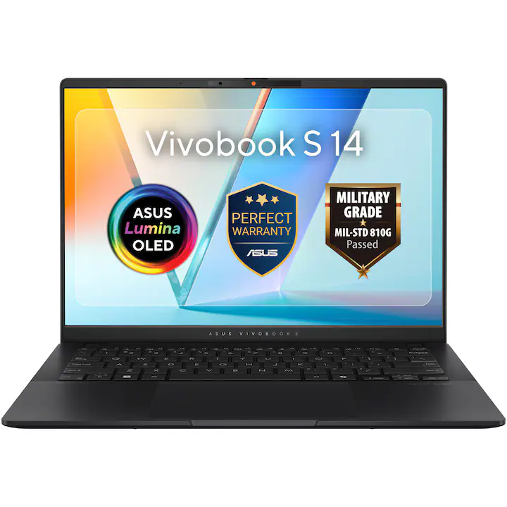 Laptop ASUS VivoBook S14 cu procesor AMD Ryzen™ AI 5 330 pana la 4.50 GHz, 14", WUXGA. OLED, 16GB DDR5, 512GB M.2 SSD, AMD Radeon™ 820M, Windows 11 Home