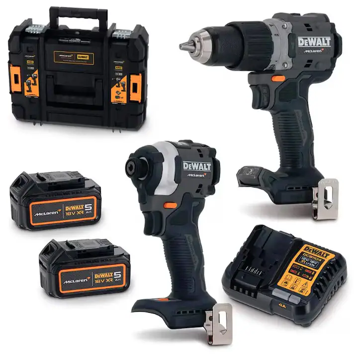 Set 2 scule 18V Dewalt McLaren Limited Edition: DCD85M, DCF85M, 2 x DCBP518-XJ 5.0 Ah, incarcator XR Li-Ion DCB1104, valiza TSTAK II