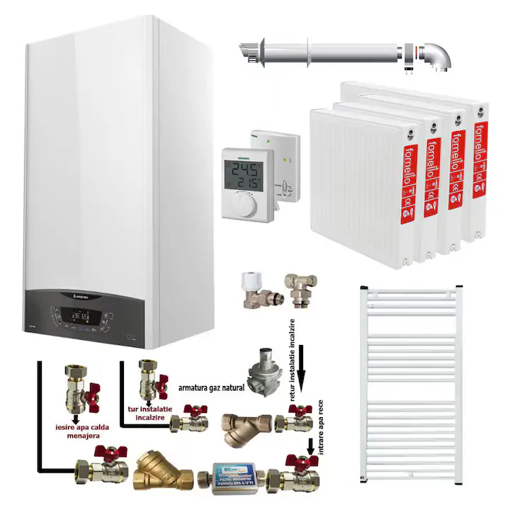 Pachet apartament cu 3 camere, centrala termica murala in condensare Ariston CLAS ONE+ WI-FI 24, Gaz, termostat, 24 kW, Doua schimbatoare de caldura, Display digital, schimbator primar inox, kit de evacuare inclus, calorifere otel, kit armaturi