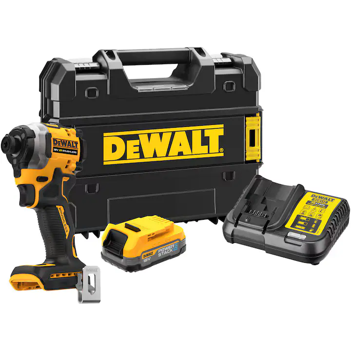 Masina compacta de insurubat cu impact pe acumulator DeWALT DCF850E1T, 18V XR, motor fara perii, cuplu maxim 205 Nm, 1x acumulator Li-Ion 1.7 Ah POWERSTACK, 3 viteze, iluminare LED, clema, adaptor magnetic, cutie transport, incarcator rapid