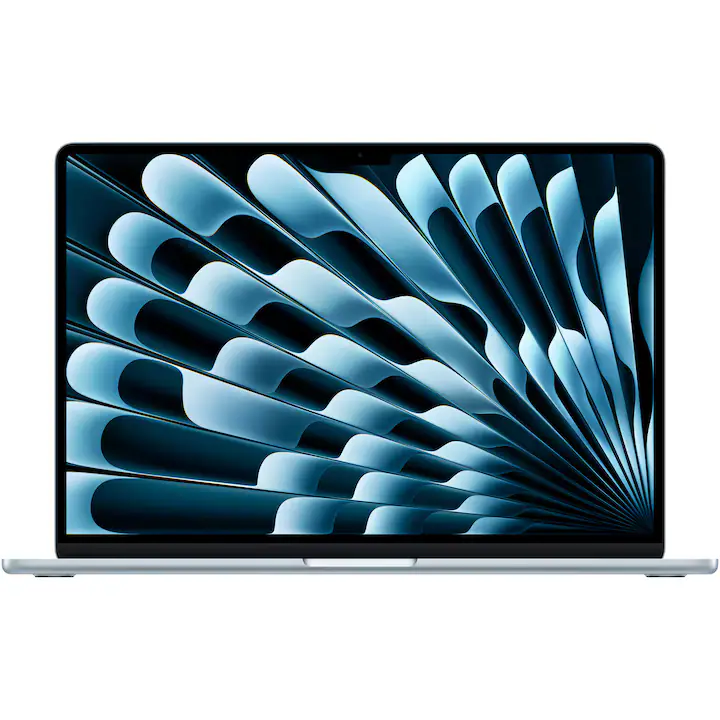 Laptop Apple MacBook Air 15" cu procesor Apple M5, 10 nuclee CPU, 10 nuclee GPU, 16 nuclee Neural Engine, 24GB RAM, 512GB SSD, Sky Blue, Tastatura Internationala