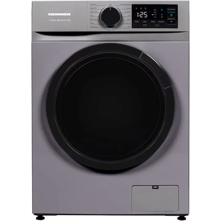 Masina de spalat rufe slim Heinner HWM-M814IVNSA+++, 8 kg, 1400 rpm, Clasa A, Motor inverter, Display digital, Blocare acces copii, Prespalare, Functie igenizare cuva, Argintiu