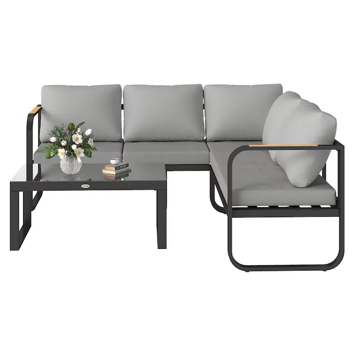 Set mobilier gradina 3 piese, Outsunny, Negru/Gri, 180x60x64 cm, 120x60x64 cm, 87x50x38 cm