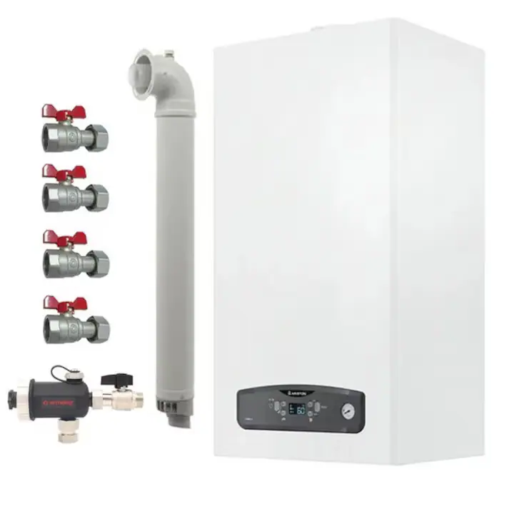 Pachet centrala termica pe gaz/GPL in condensare Ariston Cares S 24 kW, schimbator otel inox, incalzire si ACM, Kit evacuare inclus, Robineti si Filtru antimagnetita