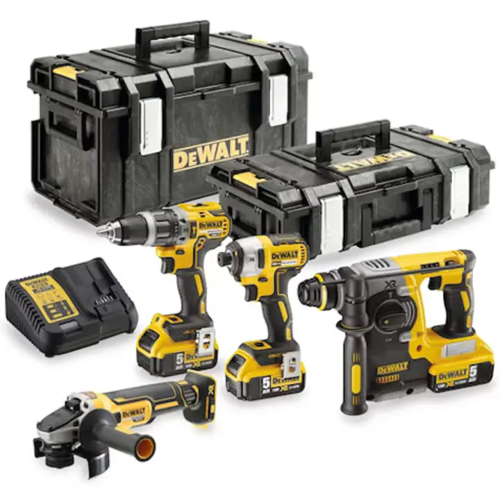 Set 4 scule profesionale pe acumulator DeWALT DCK422P3, 18V, masina de gaurit DCD796, masina de insurubat cu impact DCF887, polizor DCG405, ciocan rotopercutor DCH273, 3 acumulatori 5Ah, incarcator rapid, cutii transport TSTAK