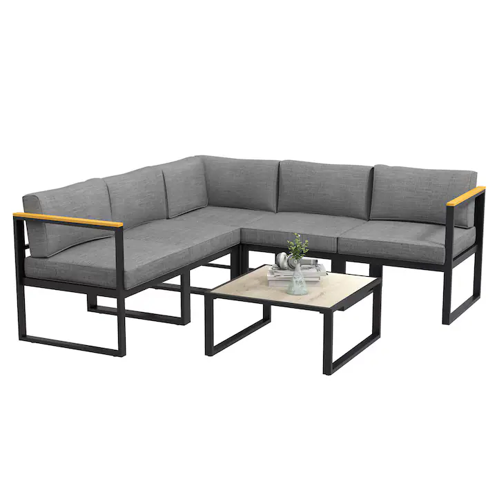 Set mobilier gradina Outsunny, 6 piese, Aluminiu/Poliester, Gri, Cu Perne Detasabile