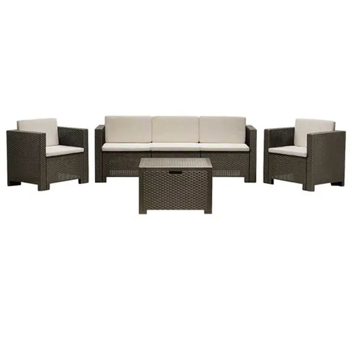 Set mobilier 4 piese gradina/terasa Colorado Bica, canapea 3 locuri 188x57.5xH64 cm + 2 fotolii 75x57.5xH64 cm + masuta cu spatiu de depozitare 69.5x48xH37cm, plastic, perne incluse, aspect rattan, maro
