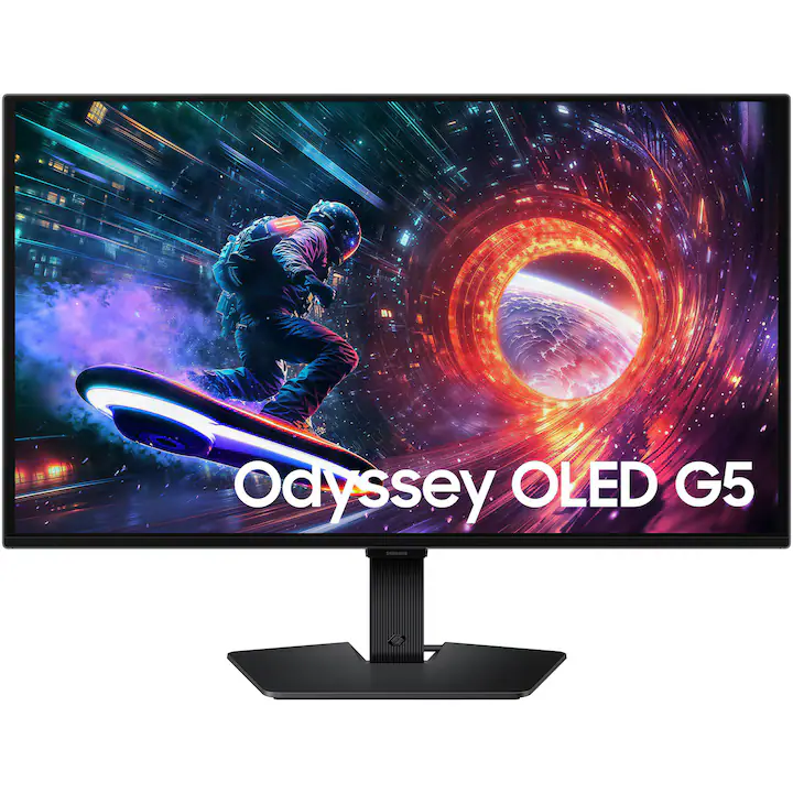 Monitor Gaming Samsung Odyssey OLED G5 G50SF, 27", QHD (2560x1440), QD-OLED, 180Hz (DP), 144Hz (HDMI), 0.03ms (GTG), AMD FreeSync, NVIDIA G-Sync Compatible, HDR10, Virtual AIM Point, Quantum Dot Color, Flicker Free, HDMI, DisplayPort, Negru