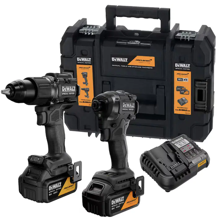 Set scule cu acumulator, DeWalt McLaren, masina de gaurit si insurubat cu percutie + masina de insurubat cu impact, include 2 acumulatori 18 V, 4 Ah, cu valiza, agatatoare curea, incarcator, suport
