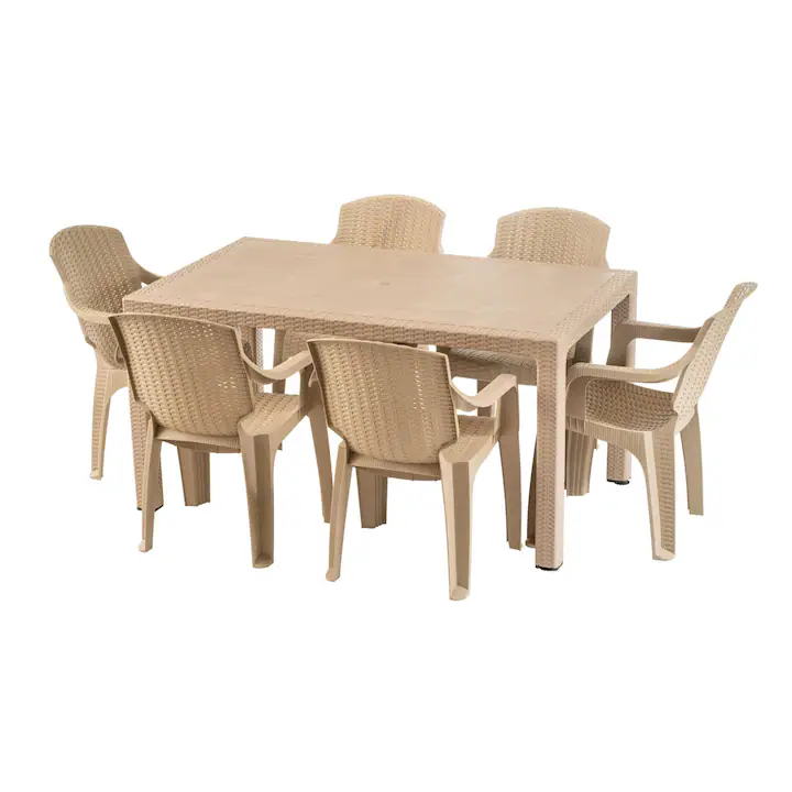 Set masa dreptunghiulara, cu 6 scaune, pentru gradina, Infinity, din plastic, model impletitura ratan, crem