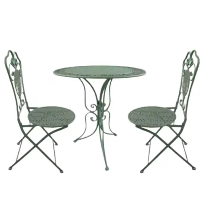 Set mobilier gradina din fier forjat, 2 scaune pliabile si masa rotunda, verde vintage