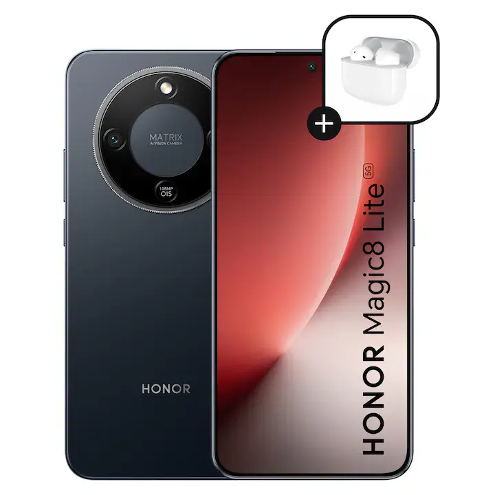 Telefon mobil HONOR Magic 8 Lite, Dual SIM, 8GB RAM, 512GB, Midnight Black - Casti Honor Choice Earbuds X7e Active incluse